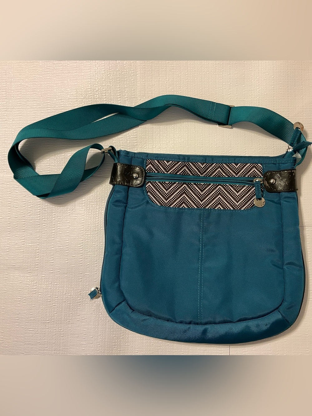Travelon Teal Crossbody Bag with Patterned Zip Panel